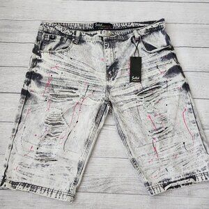 Men’s Distressed Gray Denim Shorts With Pink Paint Splatter Big and Tall